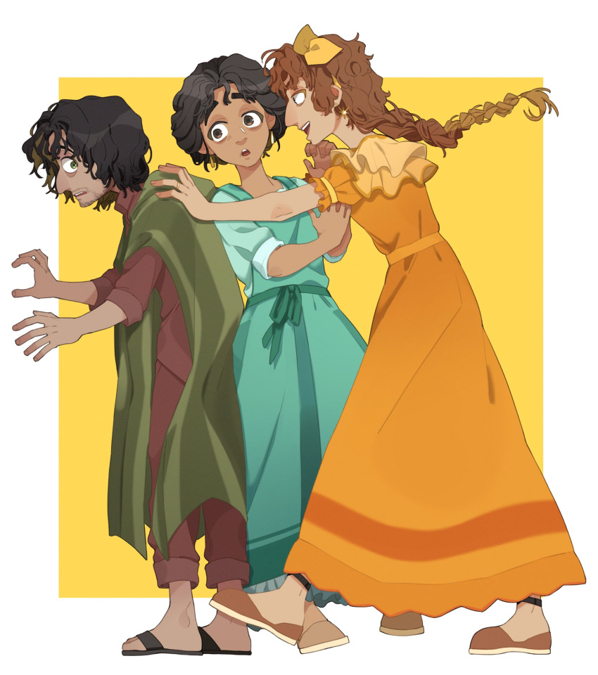 1boy, 2girls, black_footwear, black_hair, blue_dress, braid, brother_and_sister, brown_eyes, brown_footwear, brown_hair, bruno_madrigal, colombian_clothes, dark-skinned_female, dark-skinned_male, dark_skin, disney, dress, earrings, encanto, facial_hair, green_eyes, green_poncho, hand_on_another's_shoulder, highres, jewelry, julieta_madrigal, long_hair, looking_at_another, messy_hair, multiple_girls, open_mouth, pale_skin, pepa_madrigal, poncho, sandals, shoes, short_hair, siblings, sisters, smile, sun_earrings, surprised, sweetp247, thick_eyebrows, yellow_dress