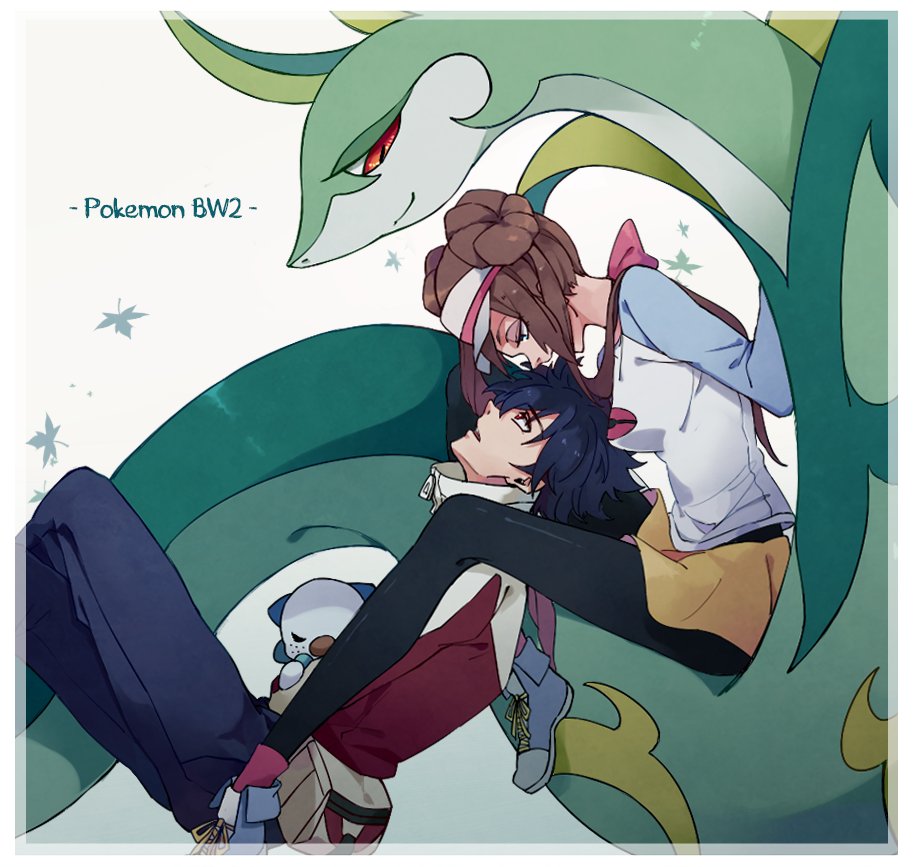 1boy, 1girl, black_pantyhose, blue_eyes, blue_hair, brown_hair, copyright_name, double_bun, fanny_pack, from_side, hair_bun, hetero, hugh_(pokemon), looking_at_another, oshawott, pantyhose, pantyhose_under_shorts, pokemon, pokemon_bw2, red_eyes, rosa_(pokemon), sayo_(sayo4171999), serperior, shorts, visor_cap