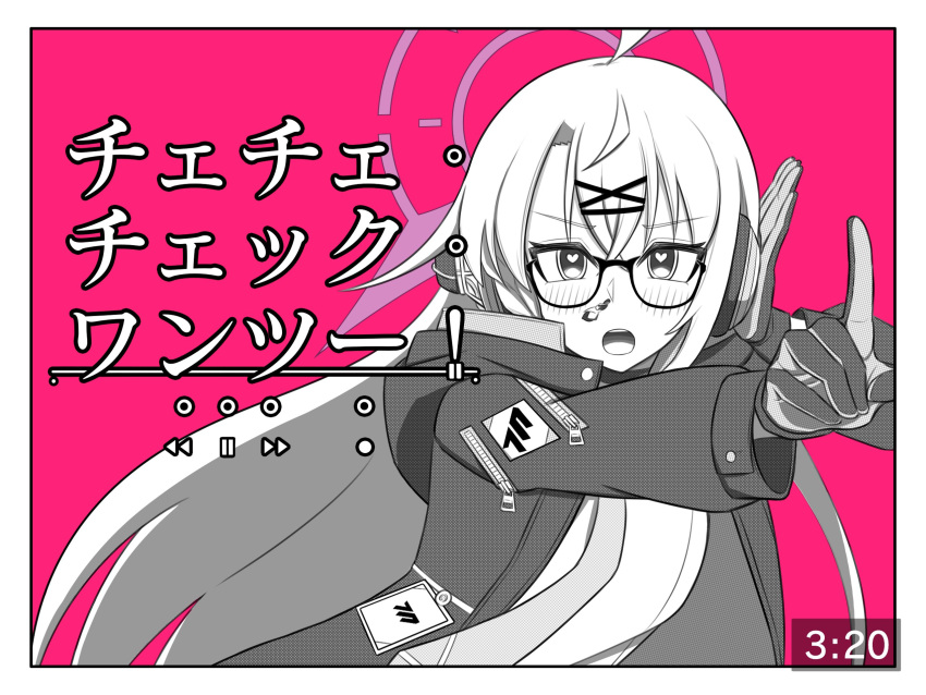 1girl, ahoge, blood, blue_archive, blush, che-che_check_one_two!_(vocaloid), coat, glasses, gloves, hair_between_eyes, hair_ornament, hairclip, halo, headphones, heart, heart-shaped_pupils, highres, index_finger_raised, karageba, kotama_(blue_archive), long_hair, long_sleeves, looking_at_viewer, monochrome, necktie, nosebleed, open_clothes, open_coat, open_mouth, parody, pink_background, shirt, solo, symbol-shaped_pupils, tissue_in_nose, very_long_hair, video_thumbnail