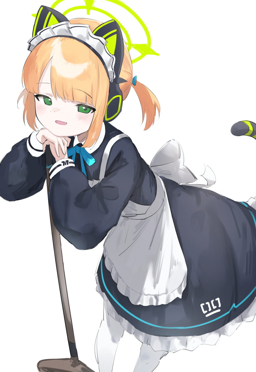1girl, absurdres, animal_ear_headphones, animal_ears, apron, black_dress, blonde_hair, blue_archive, blush, cat_tail, cygnet_(5817cygnet), dress, fake_animal_ears, frilled_apron, frills, green_eyes, green_halo, halo, headphones, highres, long_sleeves, looking_at_viewer, maid, maid_headdress, midori_(blue_archive), midori_(maid)_(blue_archive), mop, official_alternate_costume, open_mouth, pantyhose, short_hair, simple_background, smile, solo, tail, white_apron, white_background, white_pantyhose