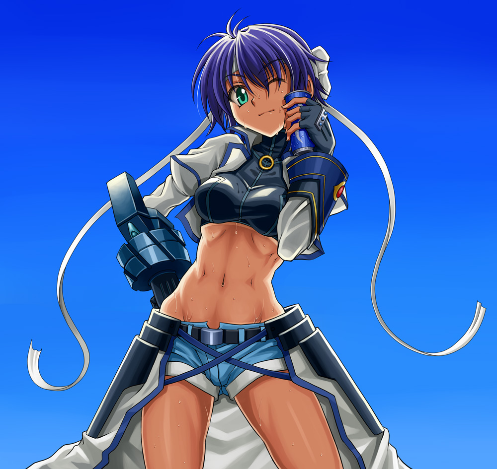 can, denim, denim_shorts, fingerless_gloves, gloves, green_eyes, hand_on_hip, headband