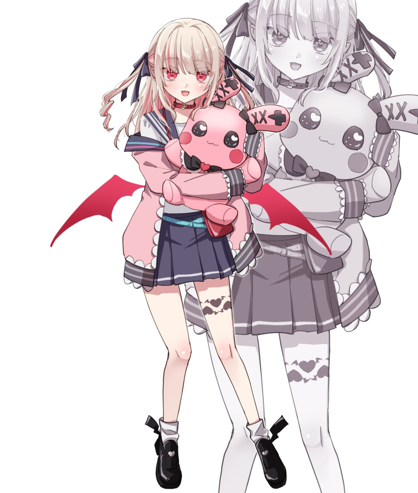1girl, black_footwear, blush, cak_ntama, collar, demon_wings, full_body, hair_ribbon, heart, heart_tattoo, highres, holding, holding_stuffed_toy, jacket, leg_tattoo, long_hair, looking_at_viewer, low_wings, makaino_ririmu, makaino_ririmu_(4th_costume), multicolored_hair, nijisanji, open_mouth, pink_eyes, pink_jacket, pleated_skirt, pointy_ears, red_collar, red_wings, ribbon, sailor_collar, school_uniform, serafuku, simple_background, skirt, smile, socks, solo, streaked_hair, stuffed_animal, stuffed_rabbit, stuffed_toy, tattoo, two_side_up, virtual_youtuber, white_background, white_socks, wings, zoom_layer