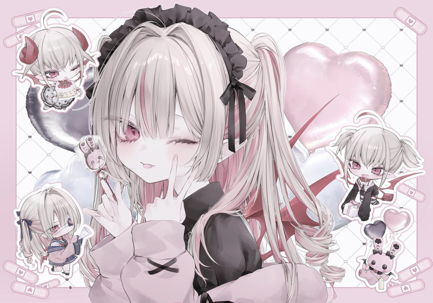 1girl, :p, ahoge, balloon, bandaid, birthday, black_dress, black_headdress