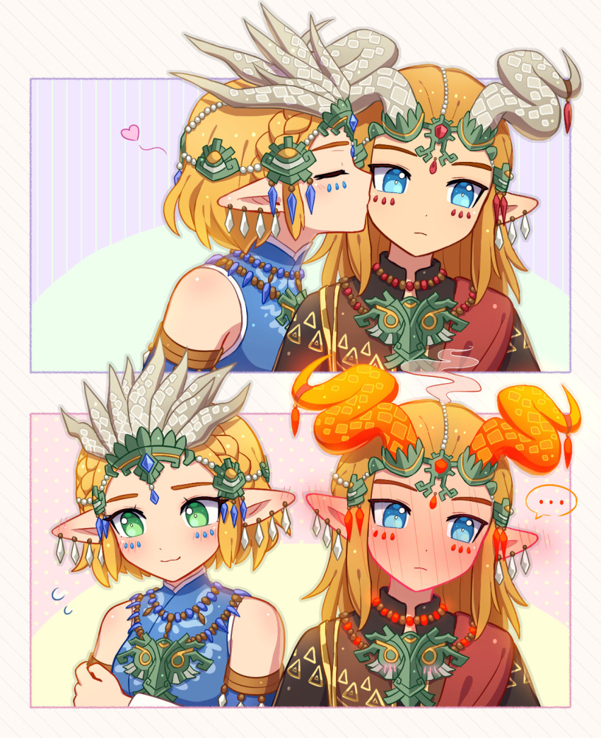 ..., 1boy, 1girl, :3, bead_necklace, beads, blonde_hair, blue_shirt, blush, border, braid, brown_shirt, closed_eyes, closed_mouth, commentary, crown_braid, detached_sleeves, ear_blush, earrings, ember_set_(zelda), enni, expressionless, eyelashes, flying_sweatdrops, frostbite_set_(zelda), full-face_blush, green_background, green_eyes, grey_border, grey_horns, hair_beads, hair_ornament, heart, highres, horns, jewelry, kiss, kissing_cheek, light_frown, link, long_hair, multiple_earrings, multiple_views, necklace, outside_border, pink_background, pointy_ears, polka_dot, polka_dot_background, princess_zelda, profile, purple_background, shirt, short_hair, sidelocks, single_braid, sleeveless, sleeveless_shirt, smile, speech_bubble, spoken_ellipsis, steam, striped_background, the_legend_of_zelda, the_legend_of_zelda:_tears_of_the_kingdom, yellow_background