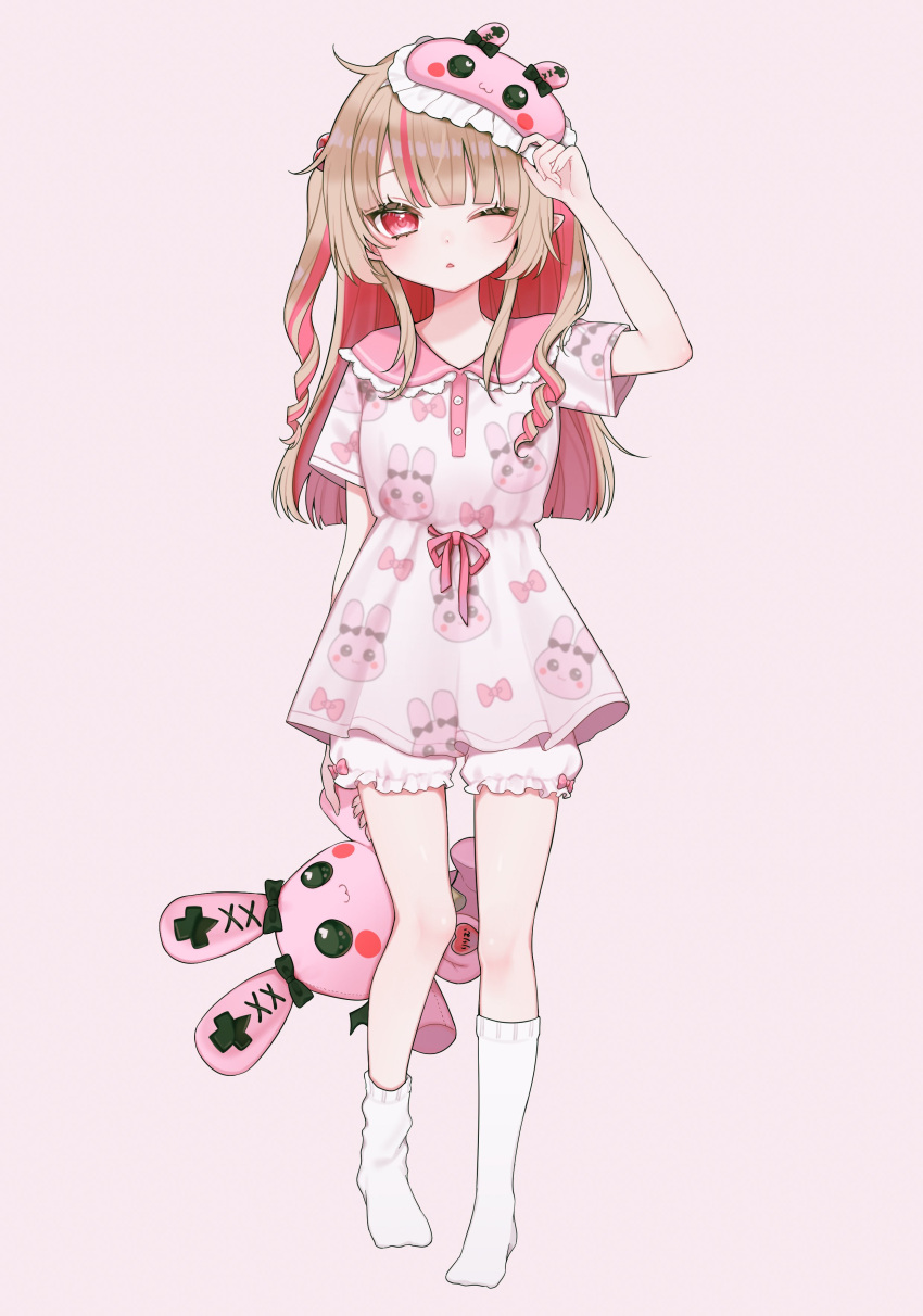 1girl, absurdres, animal_print, blush, expressionless, full_body, grey_hair, hair_bobbles, hair_ornament, hgrmfoods, highres, holding, holding_stuffed_toy, long_hair, looking_at_viewer, makaino_ririmu, multicolored_hair, nijisanji, one_eye_closed, one_side_up, pajamas, parted_lips, pink_hair, pointy_ears, rabbit_print, red_eyes, shorts, simple_background, sleep_mask, socks, solo, streaked_hair, stuffed_animal, stuffed_rabbit, stuffed_toy, two-tone_hair, virtual_youtuber, white_socks