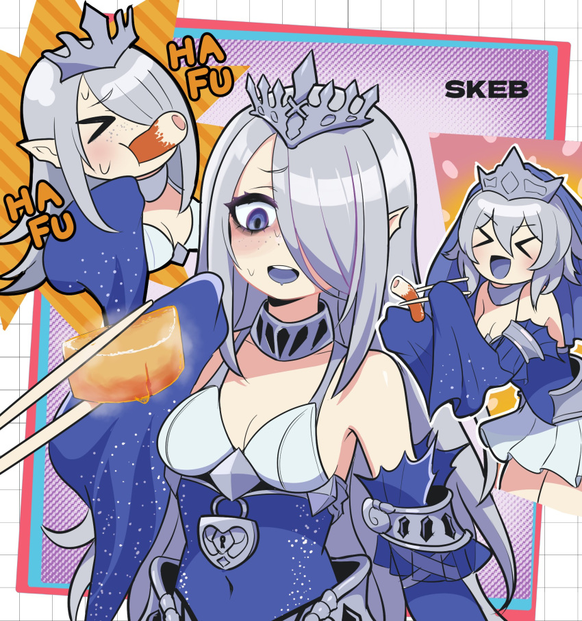 >_<, 2girls, :d, bare_shoulders, blue_dress, blue_eyes, blue_tongue, breasts