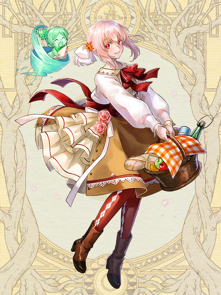 1girl, 1other, apple, argyle, argyle_legwear, back_bow, baguette, basket