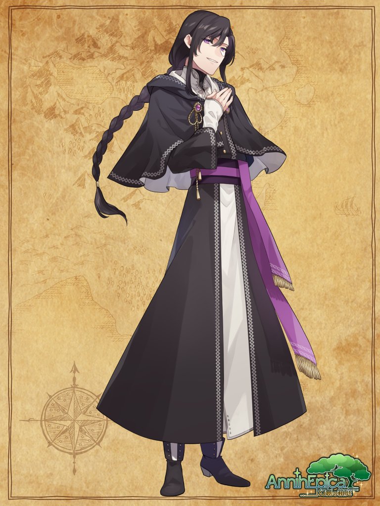 1boy, alpaca_connect, ankle_boots, black_capelet, black_footwear, black_hair, black_robe, boots