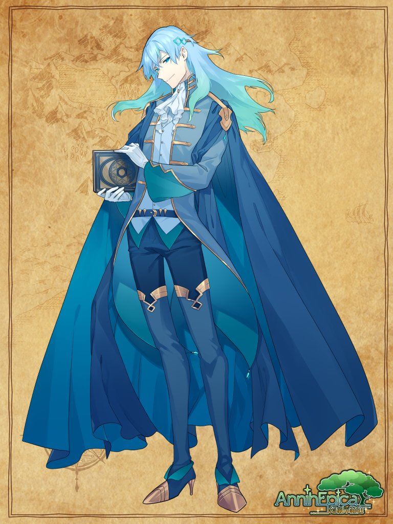 1boy, alpaca_connect, aqua_eyes, aqua_hair, ascot, belt, blue_belt, blue_cloak