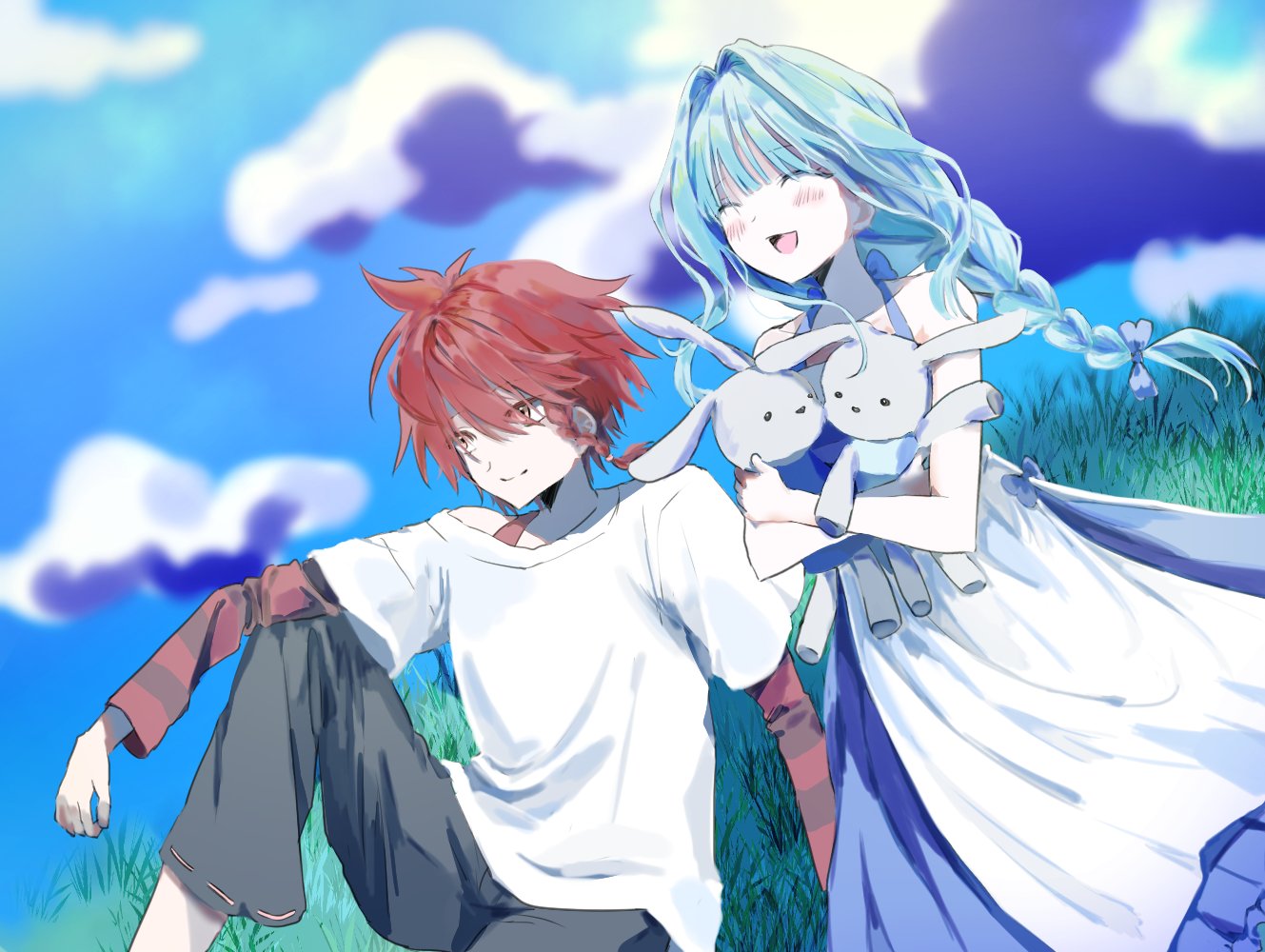 1boy, 1girl, aqua_hair, blue_bow, blue_sky, blush, bow, braid