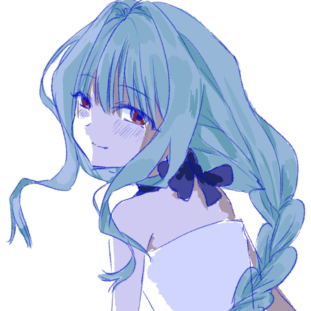 1girl, aqua_hair, blue_bow, blush, bow, braid, closed_mouth, dress
