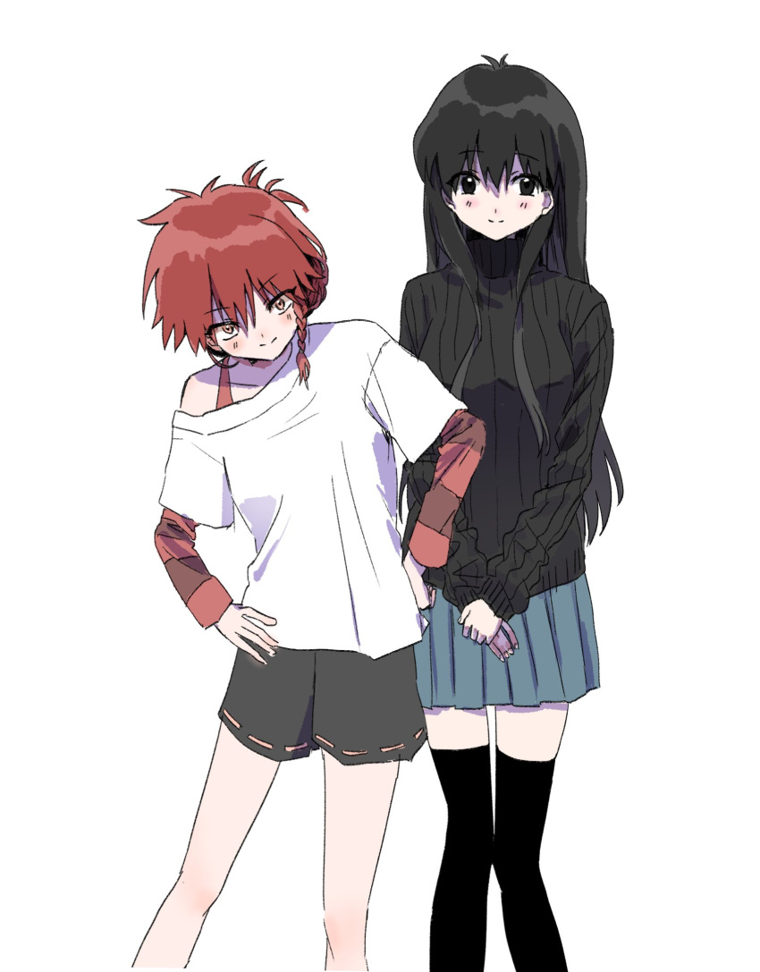 2girls, black_eyes, black_hair, black_sweater, black_thighhighs, blue_skirt, blush, braid