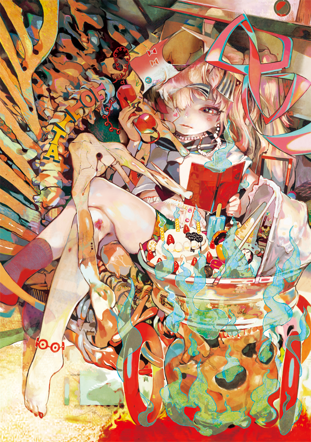 birthday_cake, blonde_hair, book, cake, feet, food, hair_over_one_eye, hat