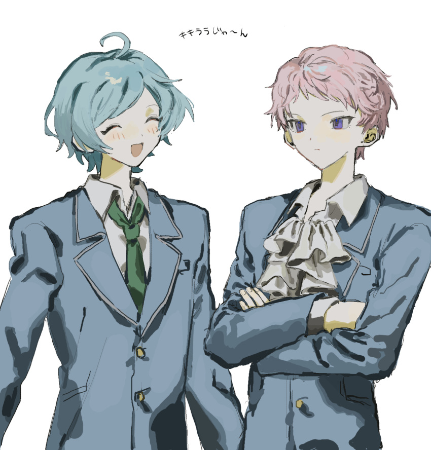 2boys, ahoge, ascot, blue_hair, blue_jacket, closed_eyes, closed_mouth, ensemble_stars!
