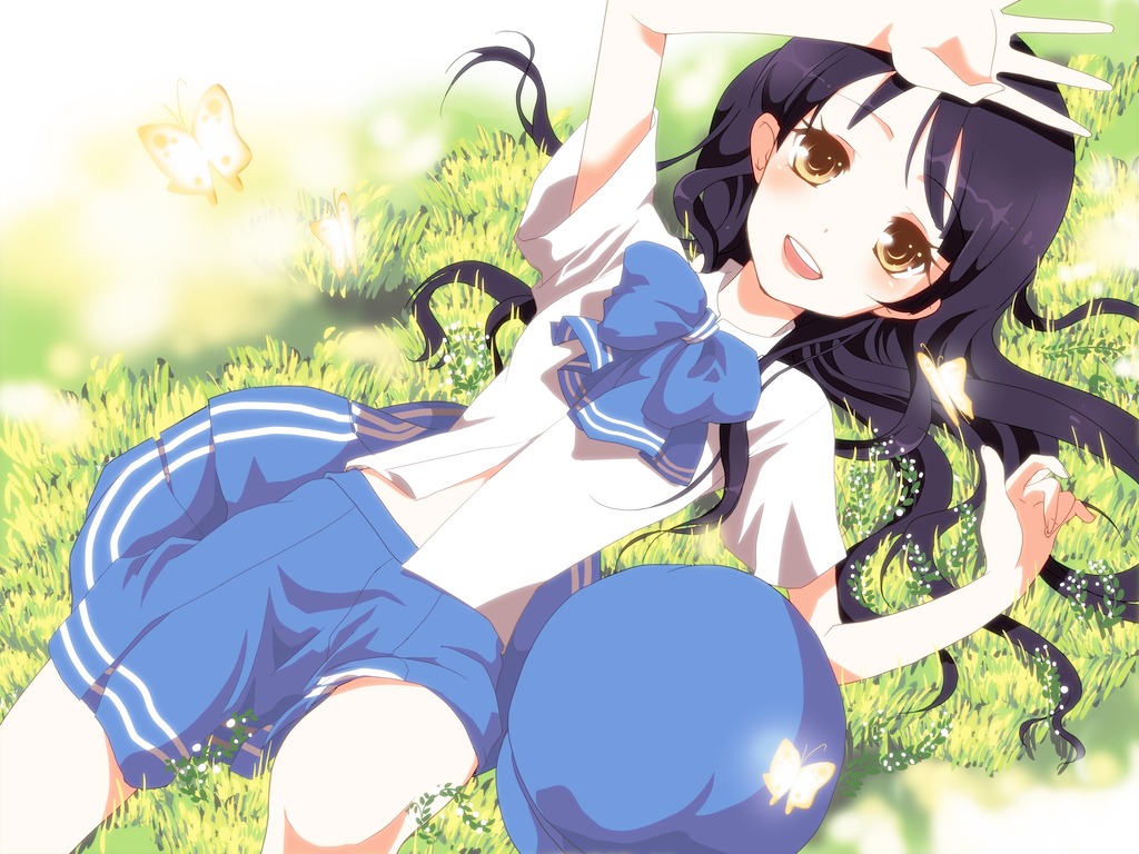 bad_id, black_hair, blush, brown_eyes, butterfly, girl_with_golden_shoe, grass, hat