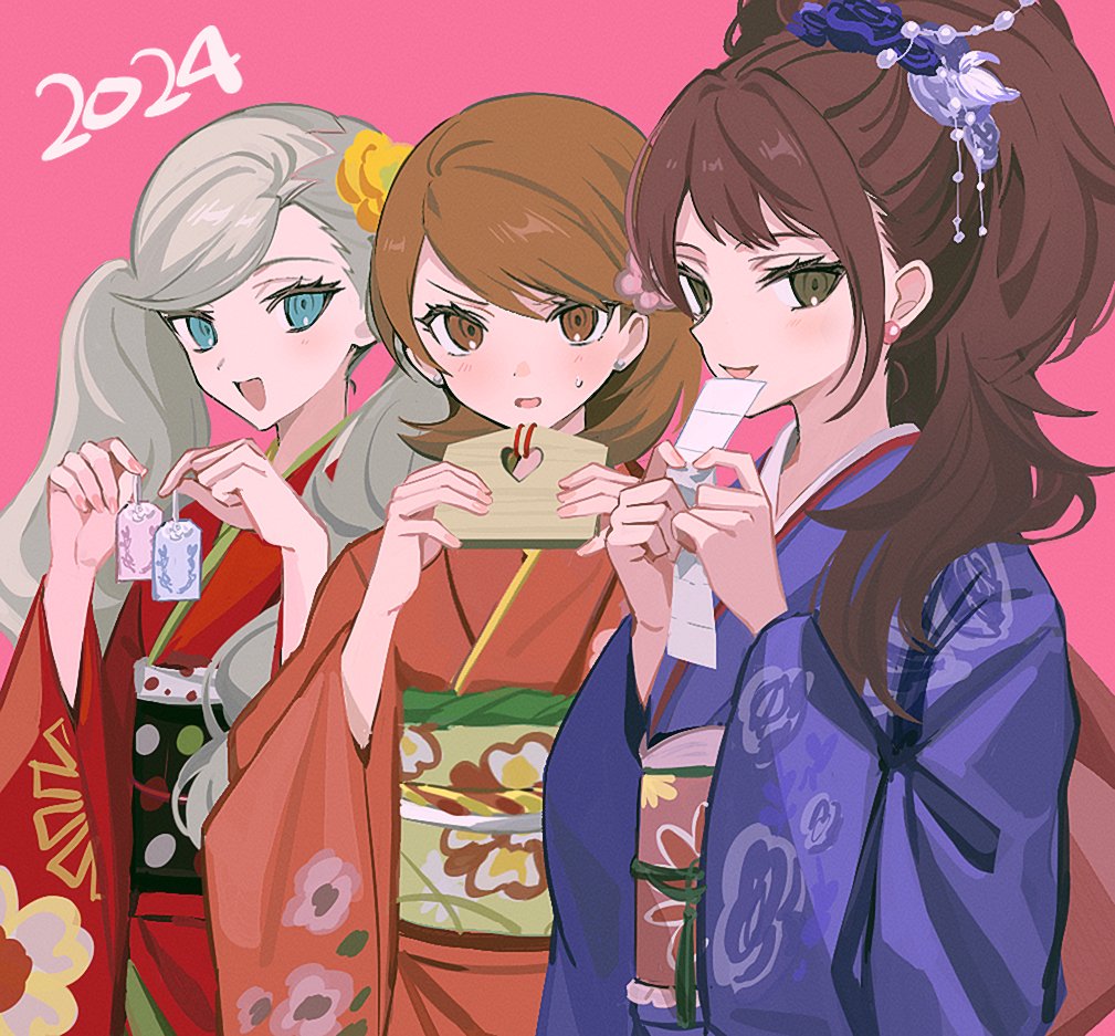 2024, 3girls, blue_eyes, blush, brown_eyes, brown_hair, earrings, floral_print, flower, grey_hair, hair_flower, hair_ornament, holding, japanese_clothes, jewelry, kimono, kujikawa_rise, long_hair, looking_at_viewer, multiple_girls, new_year, obi, open_mouth, parted_lips, persona, persona_3, persona_4, persona_5, pink_background, pswlv05, purple_kimono, red_kimono, sash, short_hair, sweat, takamaki_anne, takeba_yukari, twintails, wide_sleeves