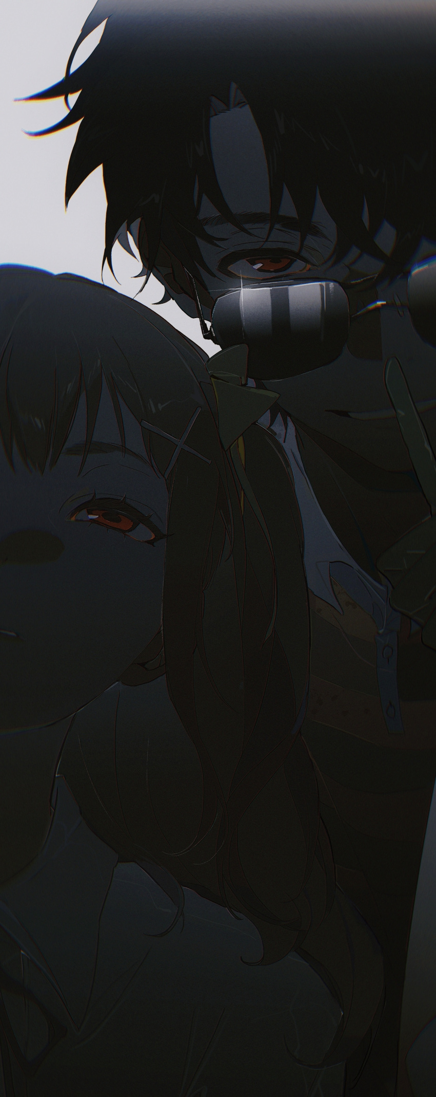 1boy, 1girl, absurdres, bishounen, black_hair, bow, brown_hair, character_request