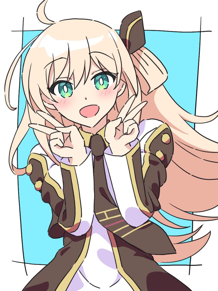 1girl, black_necktie, blonde_hair, blush, collared_dress, double_v, dress, duel_monster