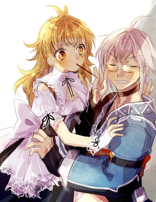 1boy, 1girl, ahoge, apron, back_bow, black_choker, black_ribbon, blonde_hair