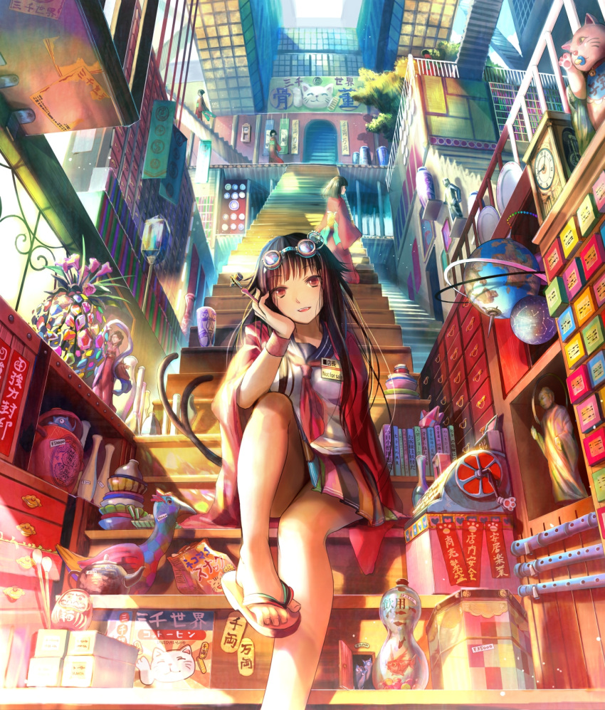 brown_hair, colorful, daruma_doll, doll, feet, fuji_choko, goggles, goggles_on_head, highres, japanese_clothes, legs, long_hair, maneki_neko, multiple_tails, original, red_eyes, sandals, scenery, school_uniform, serafuku, sitting, smile, stairs, surreal, tail