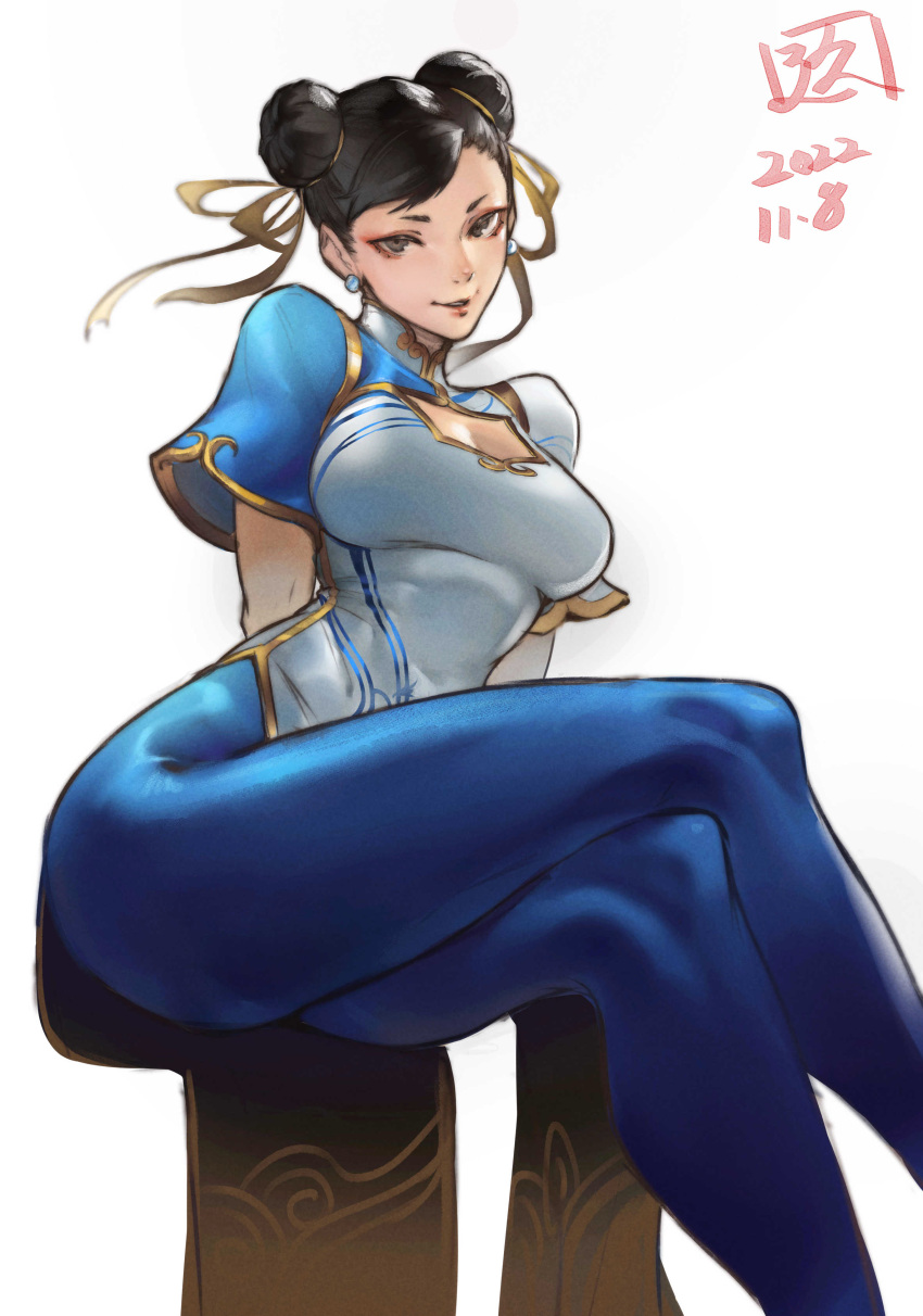 1girl, absurdres, blue_pants, breasts, brown_eyes, brown_hair, china_dress, chinese_clothes