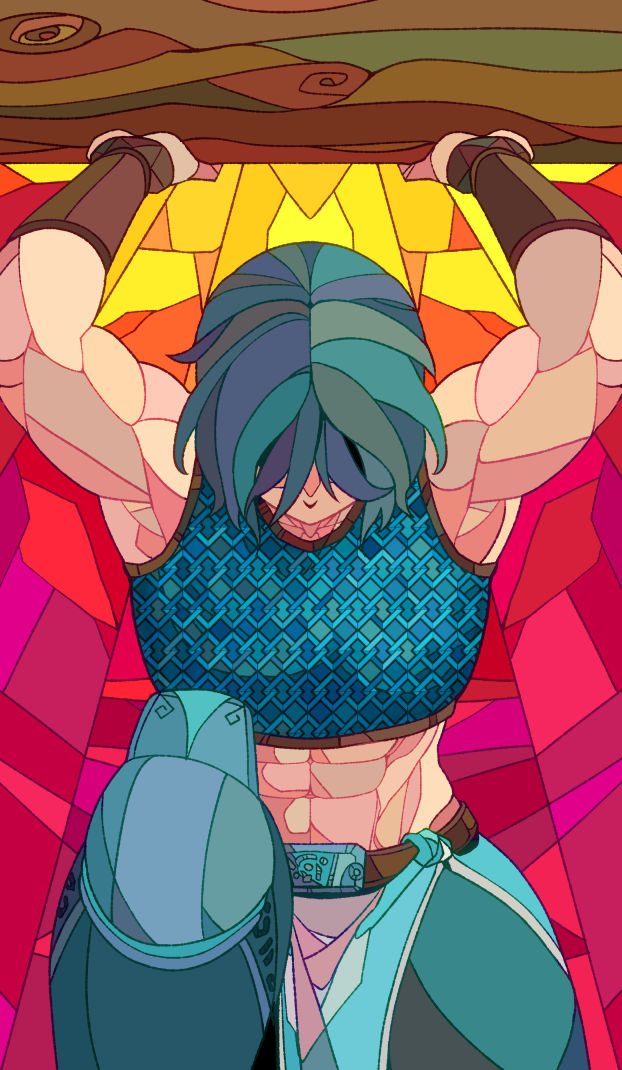 1girl, abs, armor, belt, blue_hair, bracer, chainmail, covered_face, fsnowzombie, kneeling, log, loincloth, looking_down, muscular, muscular_female, runescape, short_hair, solo, stained_glass, sun
