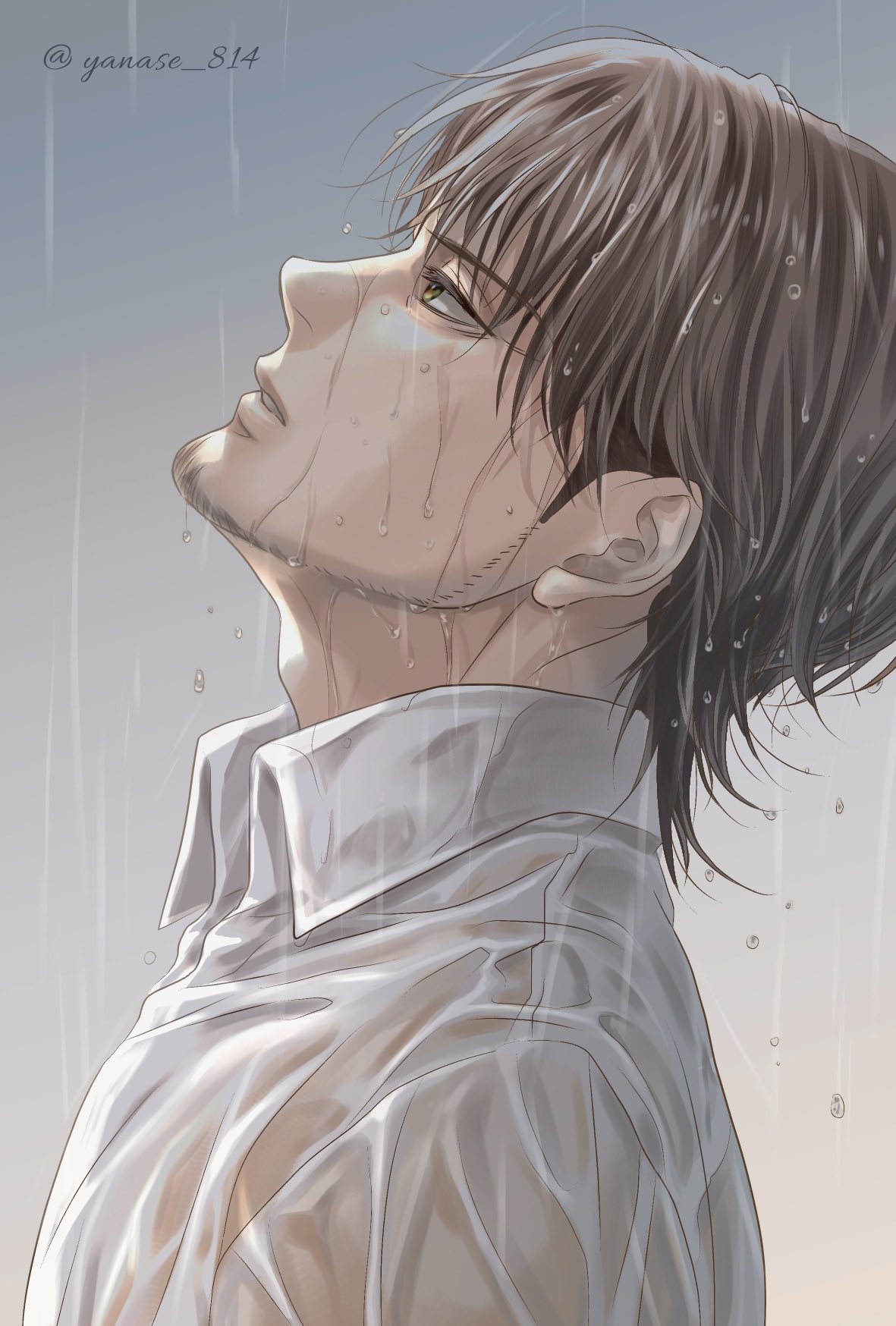 1boy, adam's_apple, brown_eyes, brown_hair, commentary_request, expressionless, facial_hair, from_side