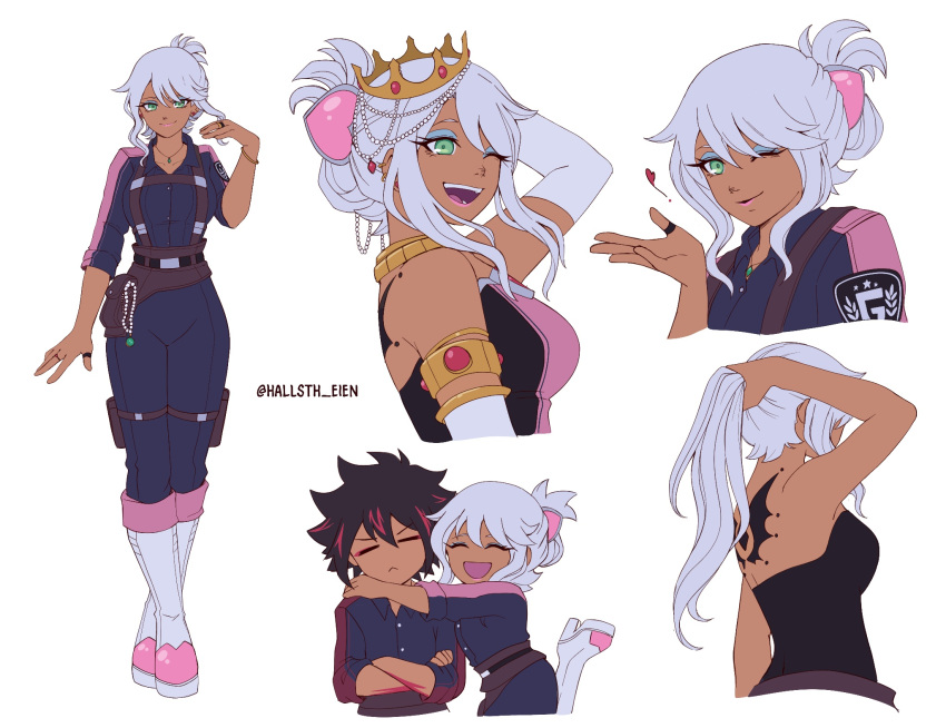 1boy, 1girl, back_tattoo, dark-skinned_female, dark_skin, eyeshadow, green_eyes, hallsth-eien, happy, highres, hug, humanization, jewelry, jumpsuit, makeup, one_eye_closed, ponytail, rouge_the_bat, shadow_the_hedgehog, smile, sonic_(series), standing, tattoo, white_footwear, white_hair, wing_tattoo