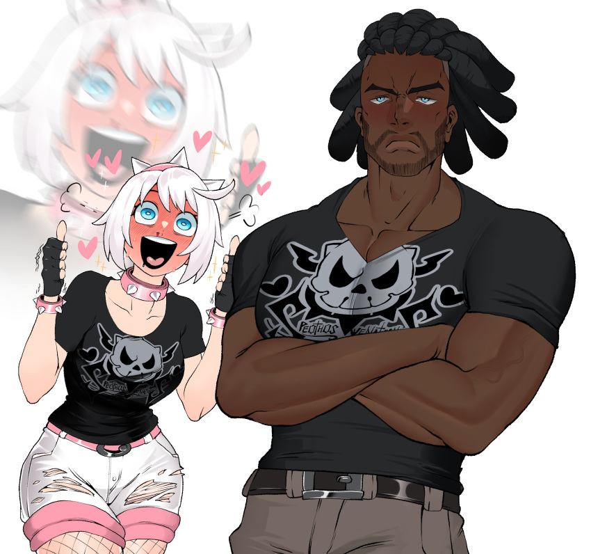 1boy, 1girl, black_gloves, black_shirt, blood, blush, bracelet, collar