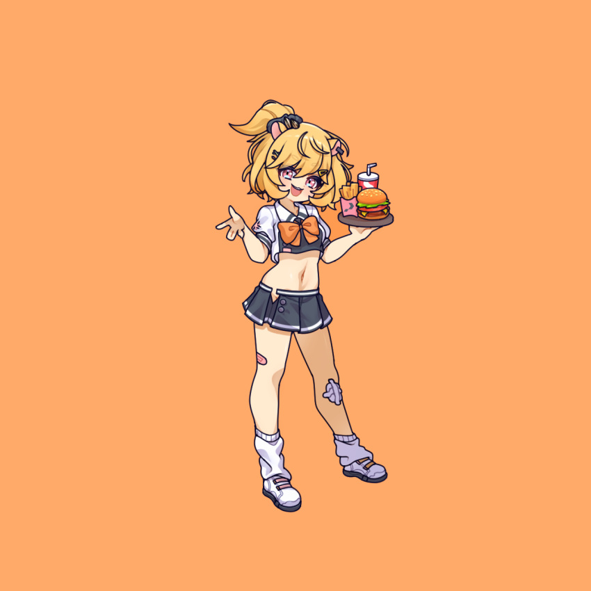 1girl, burger, cross_(vgne4542), eimi_isami, food, highres, navel, phase_connect