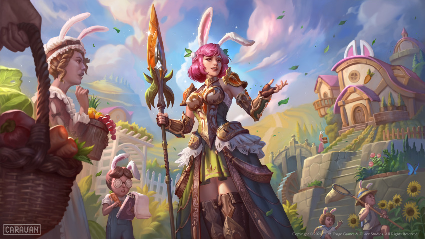 1girl, 2boys, 3girls, absurdres, animal_ears, armor, athena_(smite), athena_(smite)_(wise_hare)