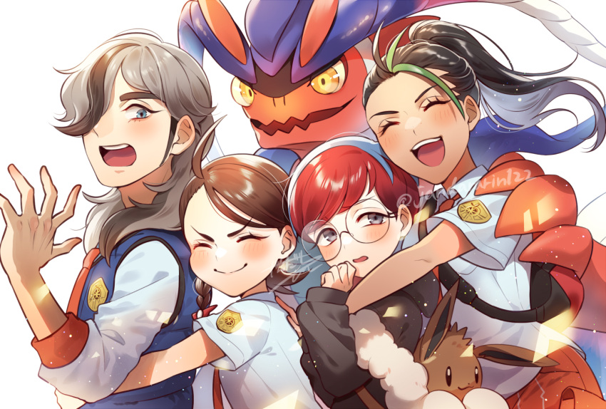 1boy, 3girls, ahoge, arven_(pokemon), black_hair, black_hoodie, blue_hair, blue_vest