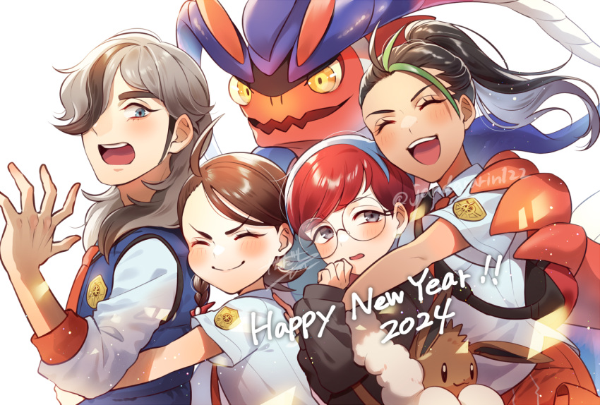 1boy, 2024, 3girls, ahoge, arven_(pokemon), black_hair, black_hoodie, blue_hair
