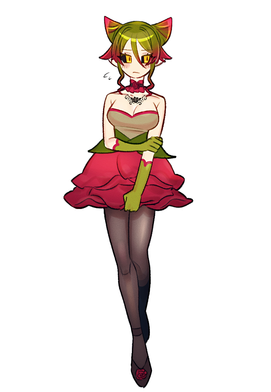 1girl, aknsnmg, black_footwear, black_leggings, black_sclera, blush, bodice, breasts