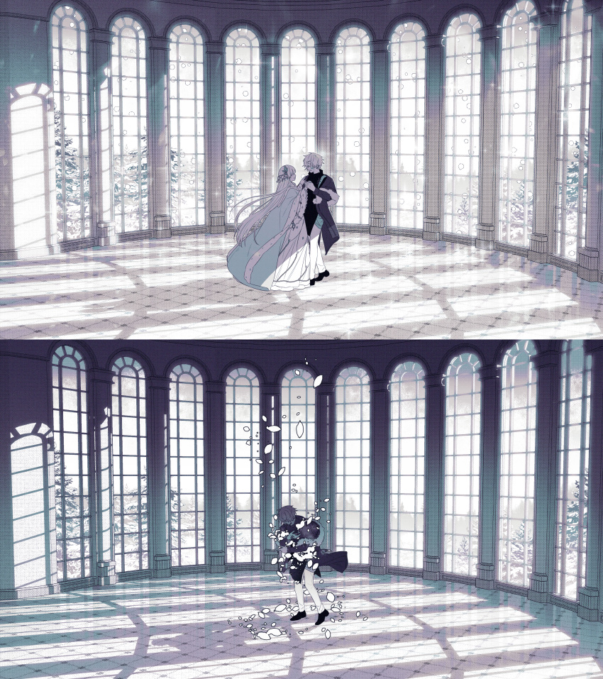 1boy, 1girl, absurdres, anastasia_(fate), andromeda_gh0st, ballroom, black_footwear, black_shirt, blue_cape, cape, coat, commentary, disintegration, dress, fate/grand_order, fate_(series), fur-trimmed_cape, fur-trimmed_coat, fur_trim, grey_coat, hair_ornament, highres, kadoc_zemlupus, long_hair, long_sleeves, pants, shadow, shirt, short_hair, snowing, symbol-only_commentary, waltz_(dance), white_dress, white_hair, white_pants, wide_shot