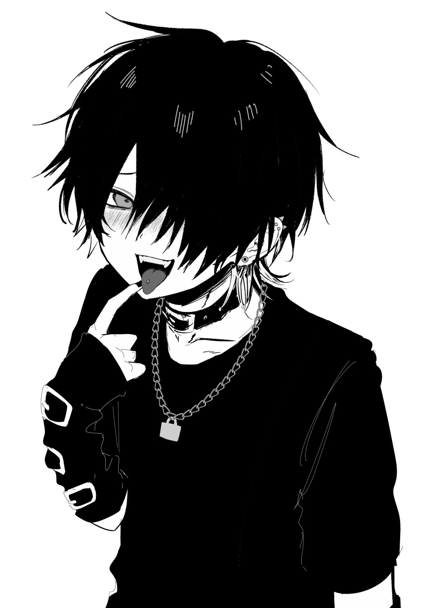 1boy, absurdres, arm_warmers, blush, collar, ear_piercing, fangs, greyscale