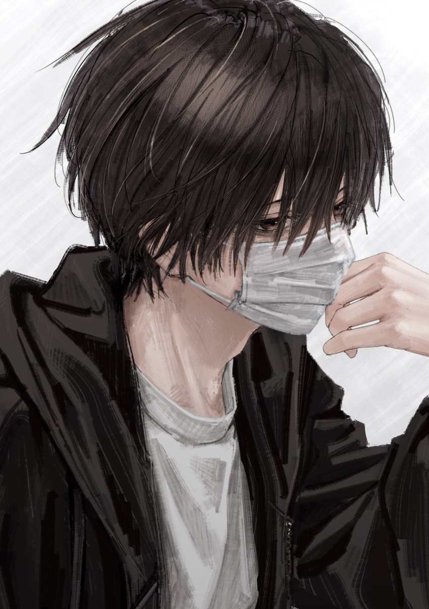 1boy, absurdres, black_hair, black_jacket, brown_eyes, hair_between_eyes, highres, hood