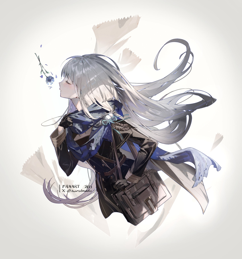1girl, absurdres, bag, bkornblume, black_gloves, black_jacket, blue_flower, blue_scarf