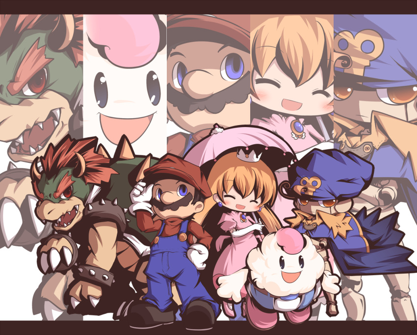 blue_eyes, bowser, bracelet, brown_hair, cape, closed_eyes, crown, earrings