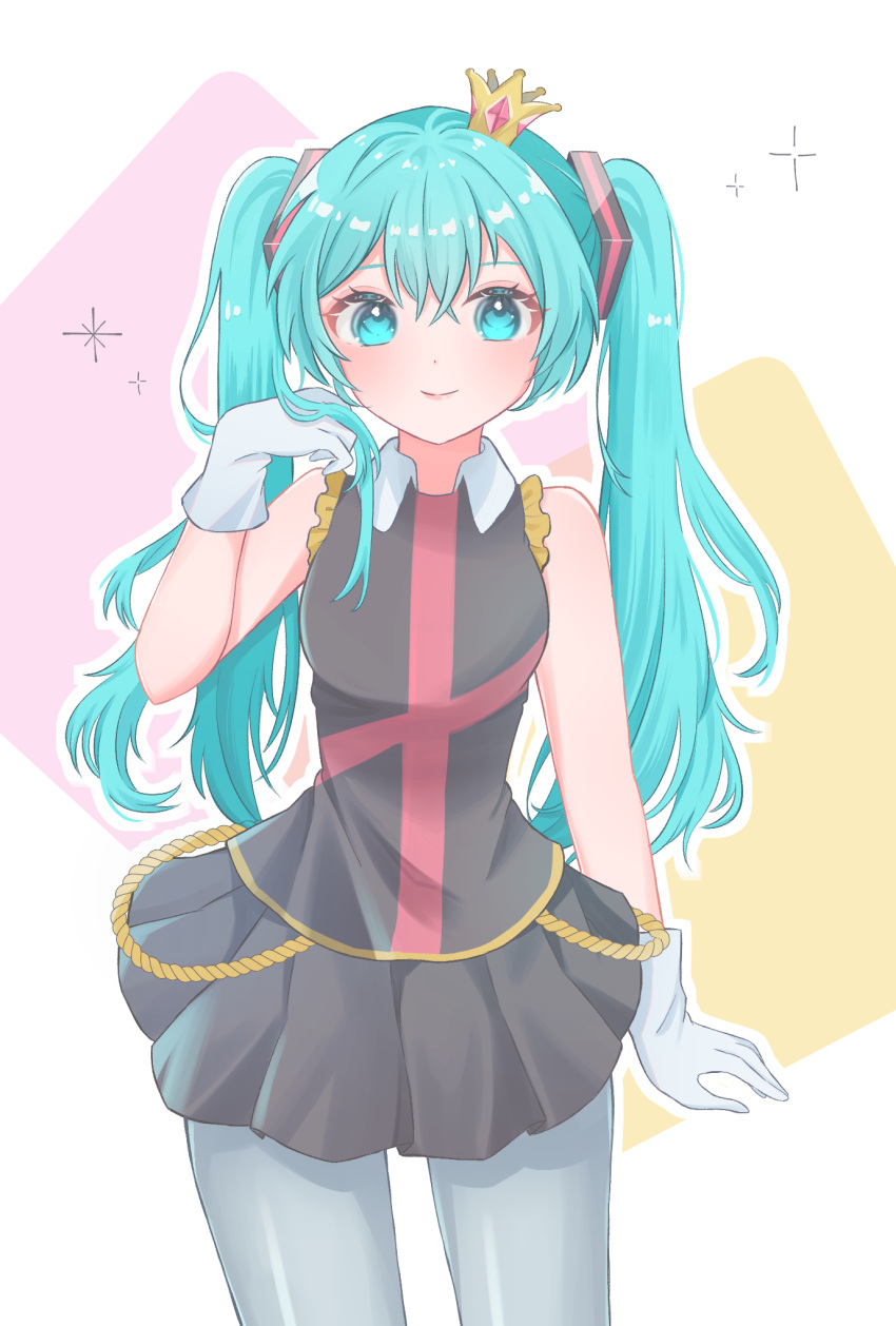 1girl, abstract_background, aqua_eyes, aqua_hair, arm_at_side, bare_arms, collar, commentary, cowboy_shot, crown, dot_nose, dress, gloves, grey_pantyhose, hair_between_eyes, hair_ornament, hands_in_own_hair, hatsune_miku, highres, kimagure_mercy_(vocaloid), long_hair, looking_at_viewer, mini_crown, mokoinu_(pixiv_27216243), outline, pantyhose, pleated_dress, sleeveless, sleeveless_dress, smile, solo, standing, twintails, very_long_hair, vocaloid, white_collar, white_gloves, white_outline