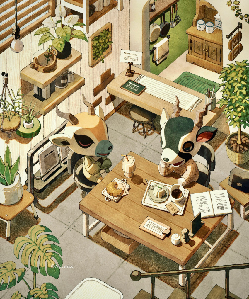 2boys, animal_crossing, antlers, aran_sweater, artist_name, basket, book, brown_sweater