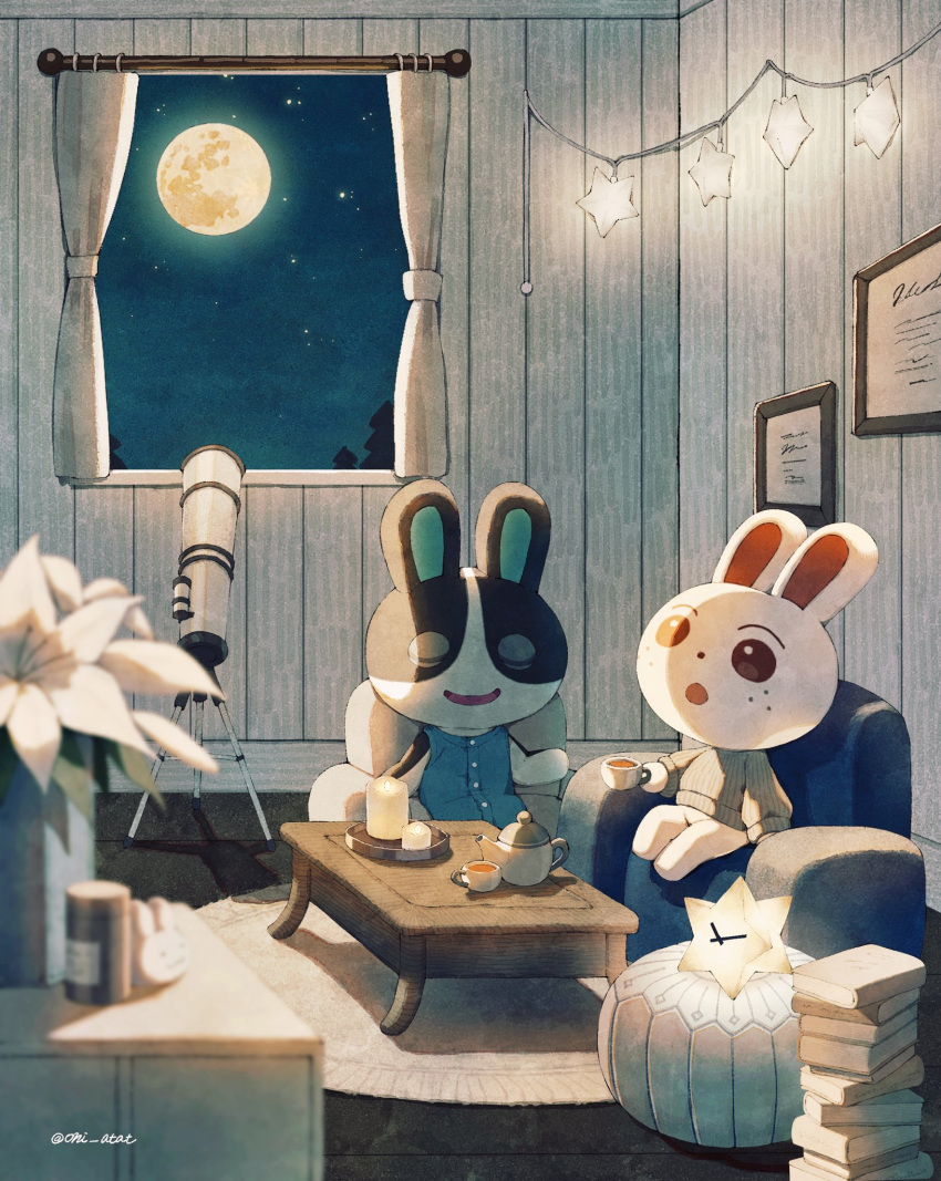 2girls, :o, animal_crossing, armchair, artist_name, bean_bag_chair, blue_dress, blurry