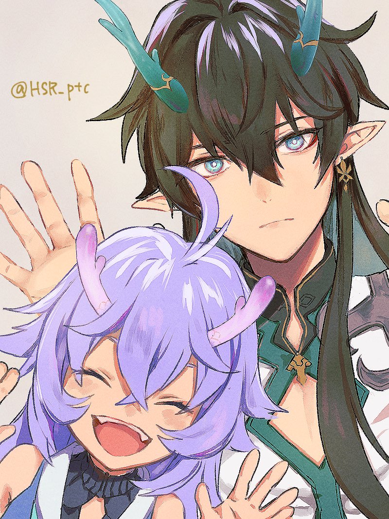 1boy, 1girl, :d, ahoge, aqua_eyes, aqua_horns, bailu_(honkai:_star_rail), bare_shoulders