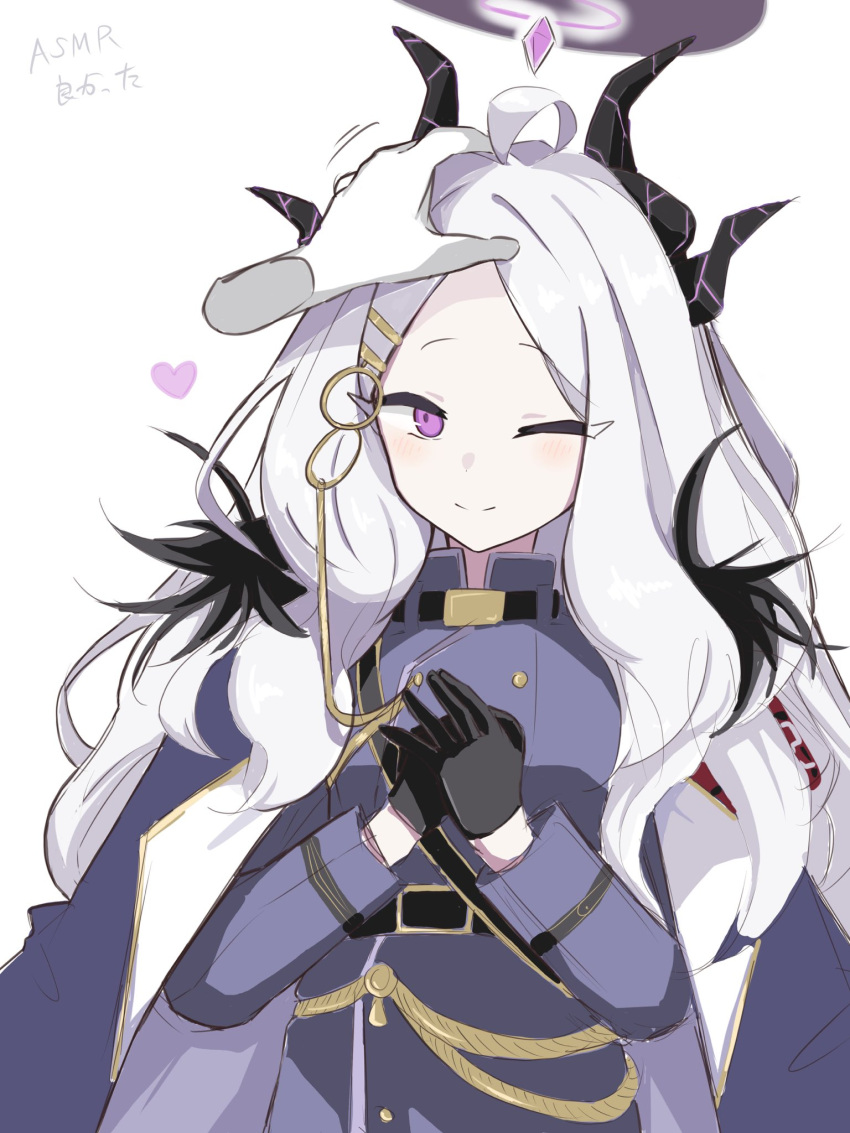 1girl, ;), ahoge, armband, belt, black_coat, black_gloves, blue_archive