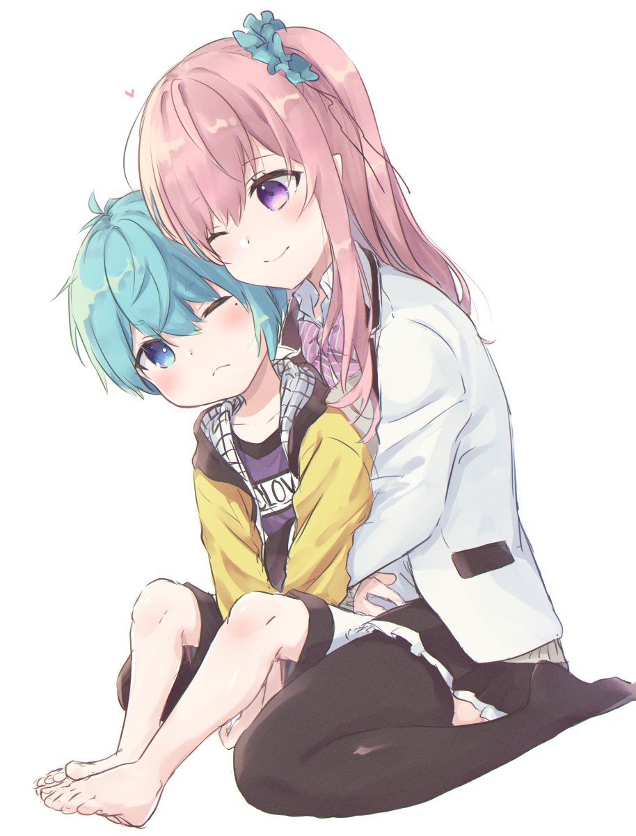 1boy, 1girl, aqua_hair, arms_between_legs, black_skirt, black_thighhighs, blue_eyes, blue_scrunchie