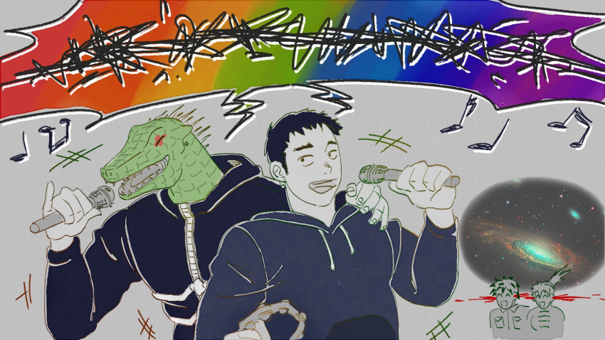 1girl, 3boys, aikawa_(dorohedoro), animal_head, bad_singing, black_hair, blood_from_ears, caiman_(dorohedoro), closed_eyes, colored_tips, couple, doodle_inset, dorohedoro, facial_mark, galaxy, gibberish_text, hand_on_another's_shoulder, highres, jacket, jade_drop, male_focus, medium_sideburns, microphone, motion_lines, multicolored_hair, multiple_boys, muscular, muscular_male, music, musical_note, nikaidou_(dorohedoro), no_eyebrows, partially_colored, rainbow_gradient, risu_(dorohedoro), singing, thick_eyebrows, upper_body