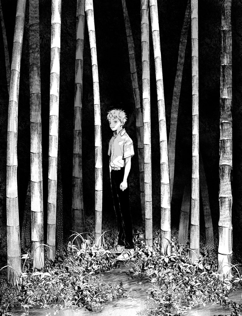 1boy, bamboo, bamboo_forest, belt, collared_shirt, dress_shirt, forest, from_side