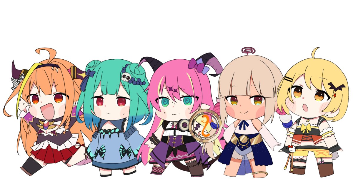 5girls, :/, :o, @_@, ahoge, animal_print, anklet, arms_at_sides