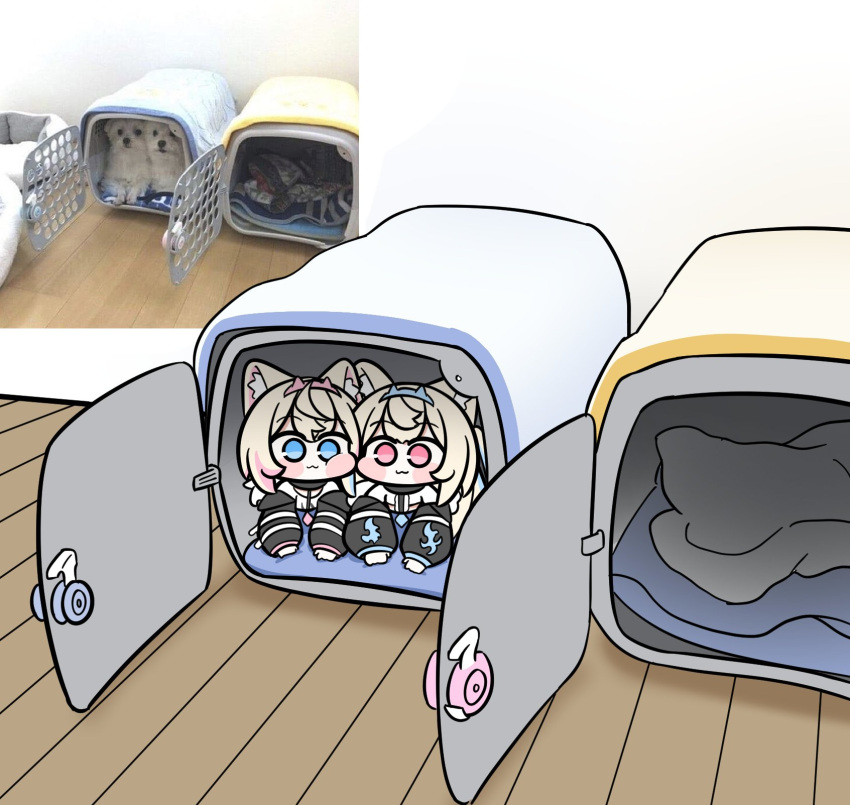 2girls, :3, animal_ears, black_jacket, blanket, blonde_hair, blue_eyes, blue_hair, blue_hairband, blush_stickers, cage, cheek-to-cheek, chibi, closed_mouth, commentary, dog, dog_ears, dog_girl, double-parted_bangs, english_commentary, fake_horns, fuwawa_abyssgard, fuwawa_abyssgard_(1st_costume), hairband, heads_together, highres, hololive, hololive_english, horns, jacket, lying, mococo_abyssgard, mococo_abyssgard_(1st_costume), multicolored_hair, multiple_girls, on_stomach, parody, photo_inset, pillow, pink_eyes, pink_hair, pink_hairband, puffy_cheeks, shirt, short_hair, side-by-side, streaked_hair, tensutensu, two-tone_hair, virtual_youtuber, white_background, white_shirt, wooden_floor