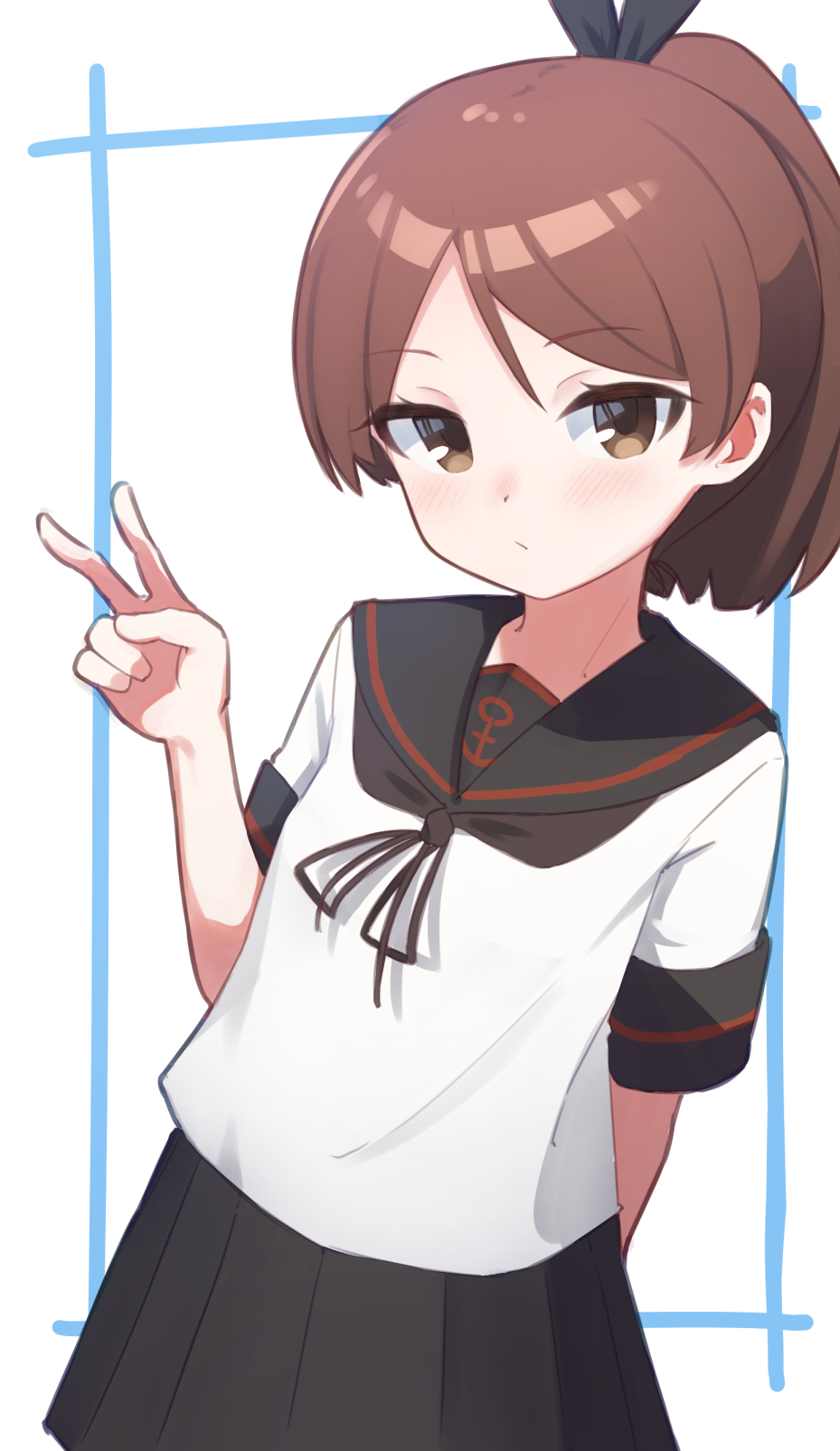 1girl, anchor_symbol, arm_behind_back, black_sailor_collar, black_skirt, brown_eyes, brown_hair, closed_mouth